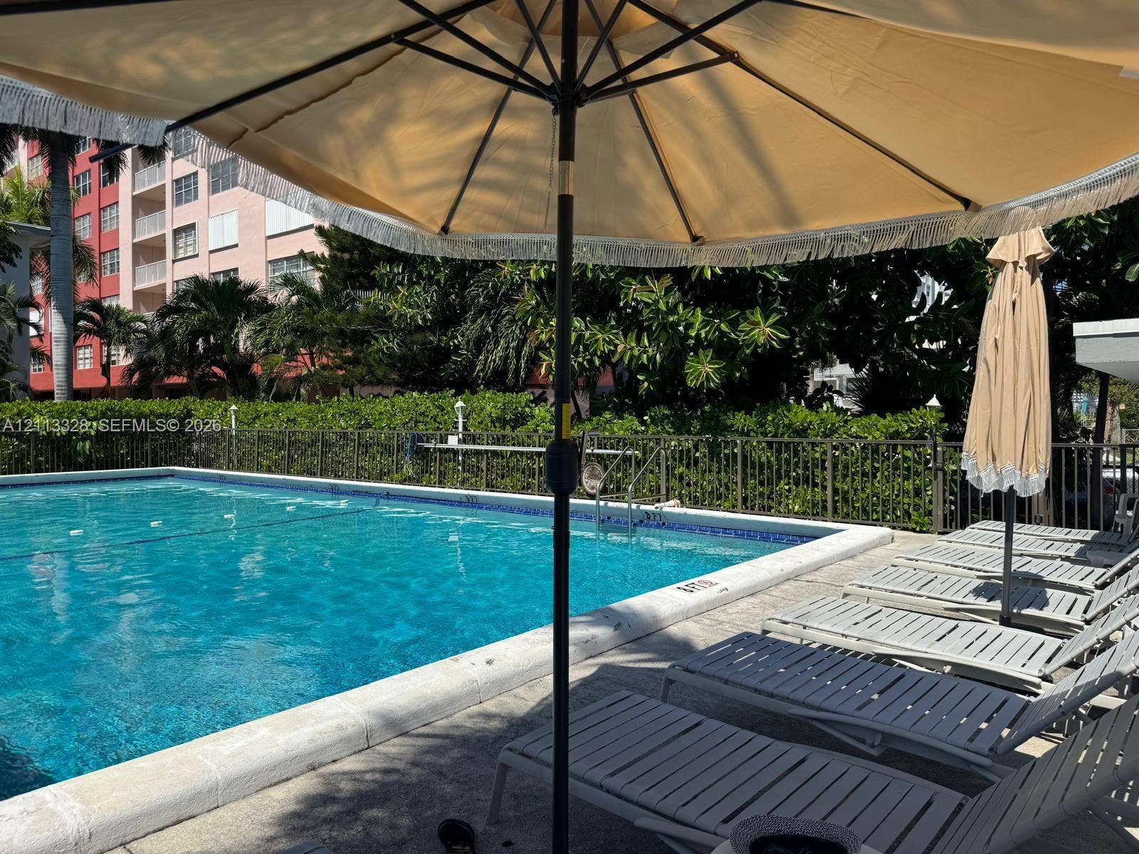 Hallandale Beach, FL 33009 In-ground swimming pool featuring a tile border, concrete decking, and metal perimeter fencing surrounded by mature greenery