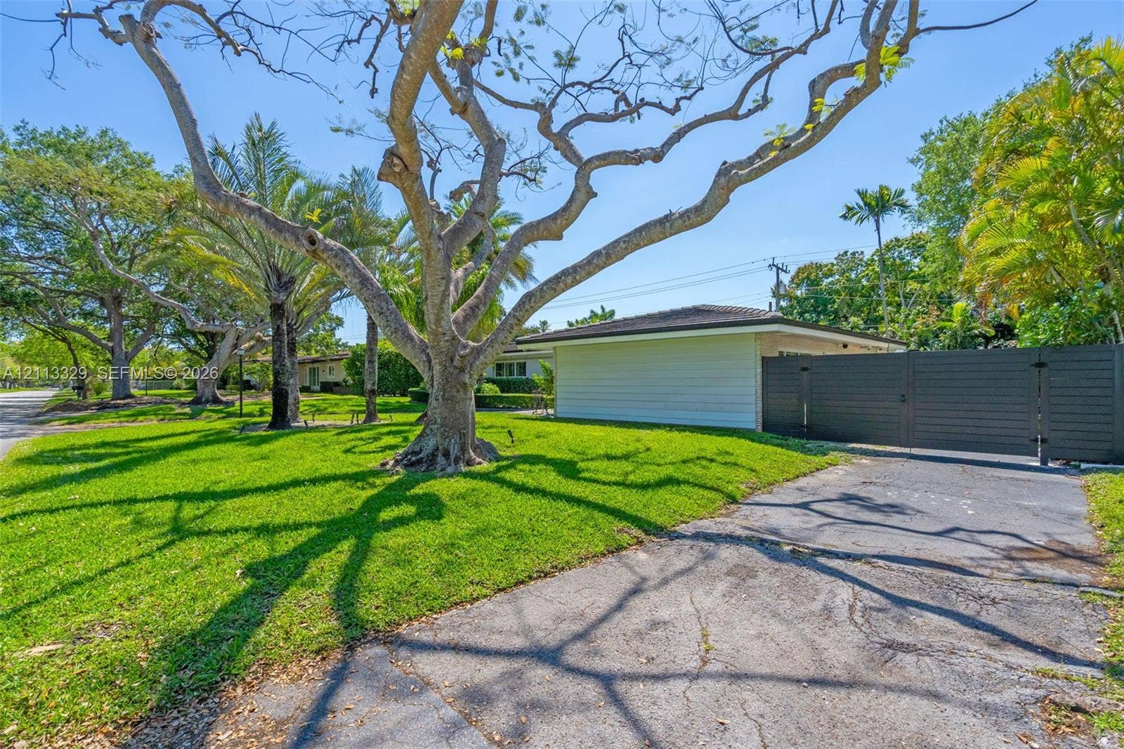 6440 SW 144th Street, Coral Gables, FL 33158 Expansive grass lawn featuring mature trees, horizontal exterior siding, and a dark-toned privacy fence