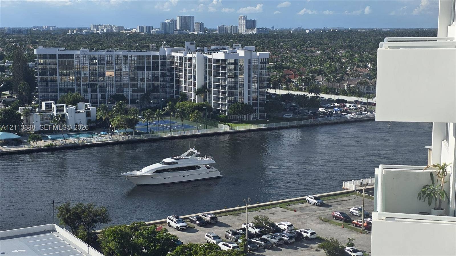 3001 S Ocean Drive, #1539, Hollywood, Hollywood, FL 33019 Elevated exterior balcony featuring white structural railing overlooking a waterfront waterway
