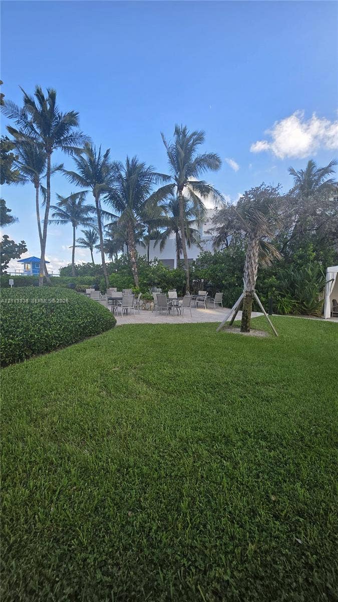 3001 S Ocean Drive, #1539, Hollywood, Hollywood, FL 33019 Expansive lawn featuring mature palm trees, manicured hedging, and a paved patio area