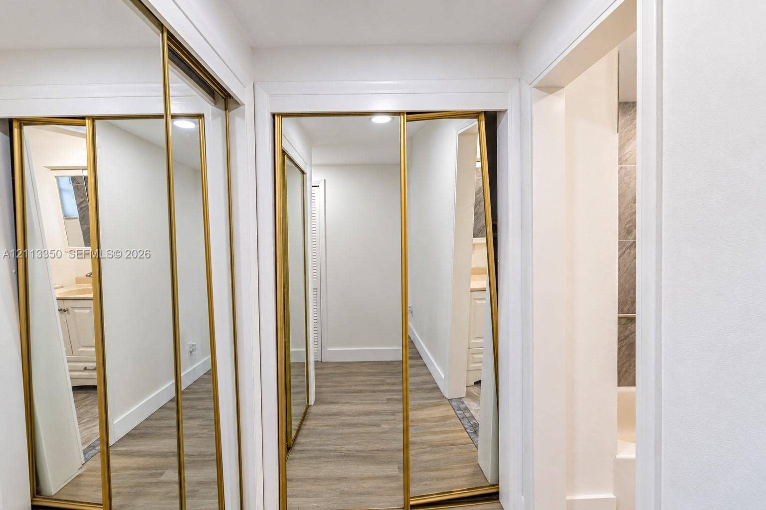 Wall-to-wall mirrored closet doors with gold-toned metal trim, wood-finish flooring, and recessed ceiling lighting