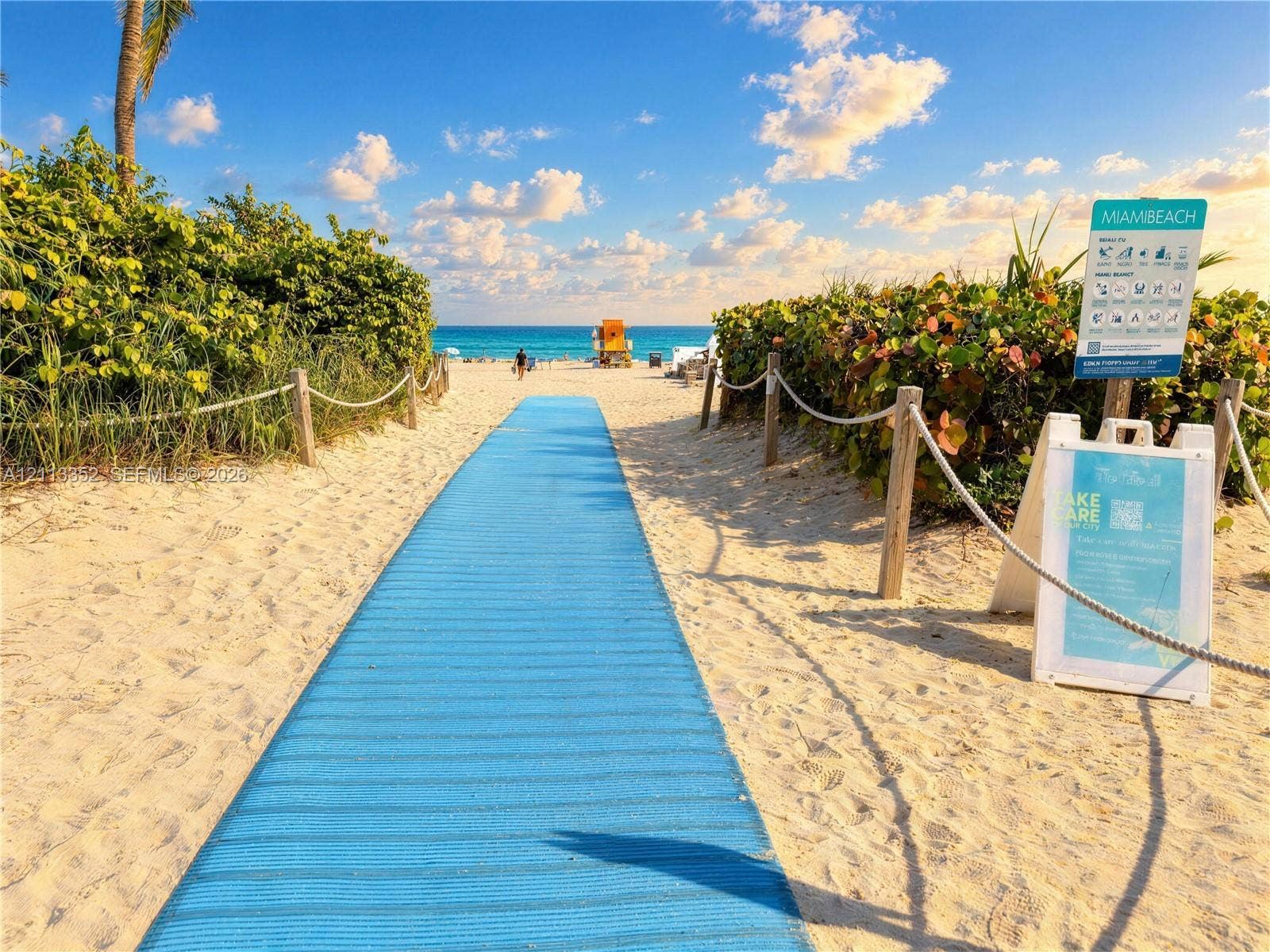 Beach access path featuring a durable blue walkway, sand terrain, and natural coastal vegetation