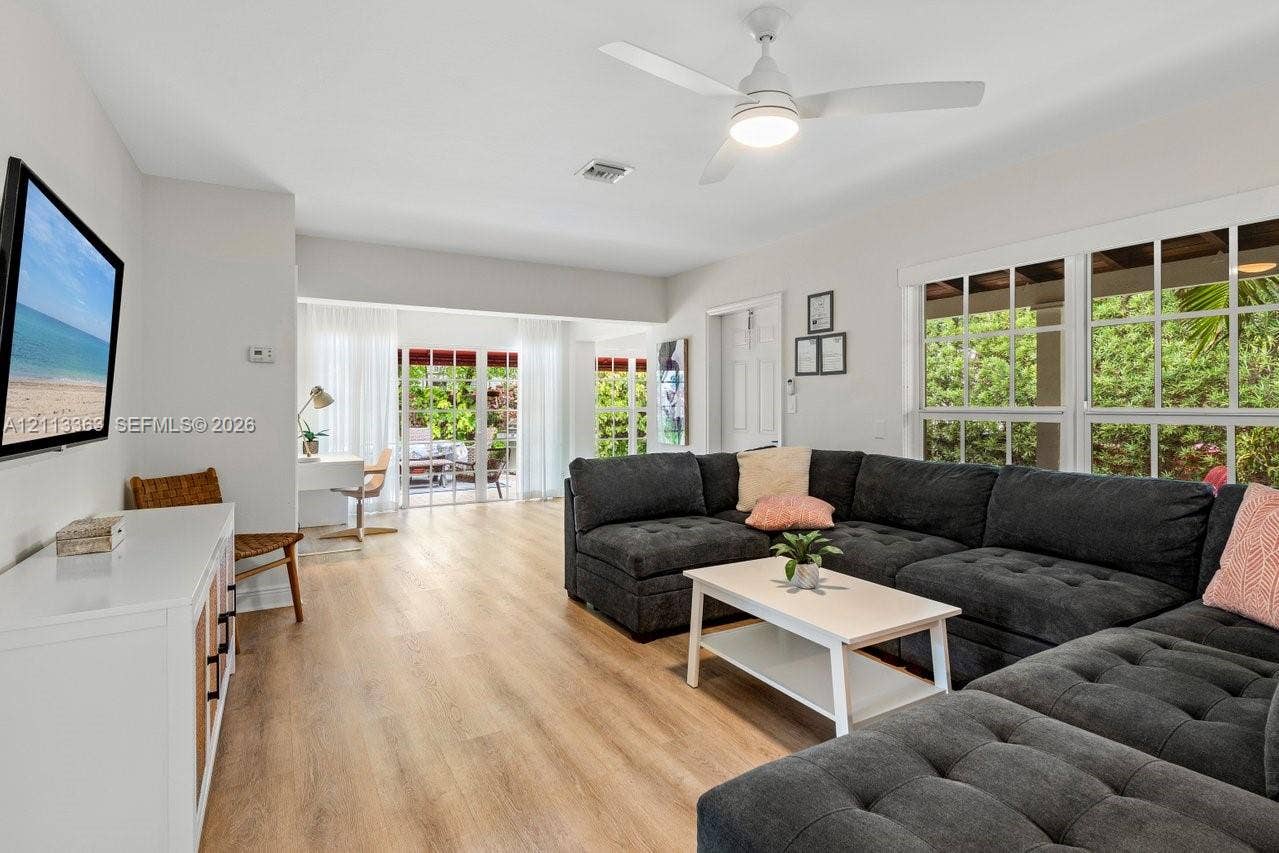 617 NE 9th Avenue, #72, Fort Lauderdale, Fort Lauderdale, FL 33304 Living area featuring wood-finish flooring, a ceiling fan with integrated lighting, multi-pane windows, and sliding glass doors