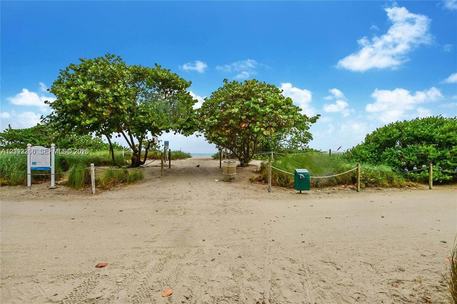 9499 Collins Avenue, #904, Surfside, FL 33154 Sandy beach access featuring rope-post fencing, mature coastal trees, and native vegetation