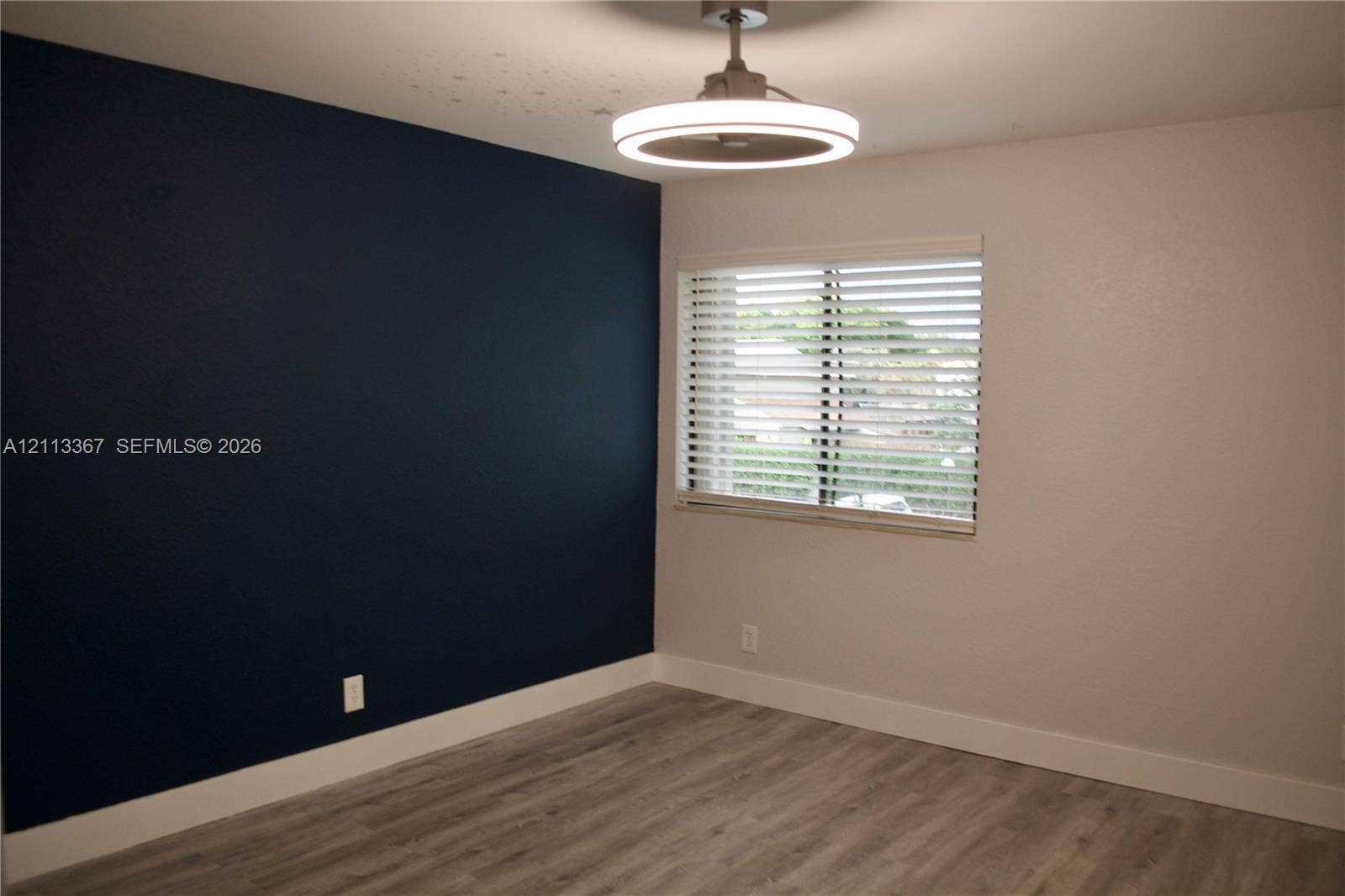 Room featuring a deep navy accent wall, wood-finish flooring, and a modern circular LED ceiling fixture