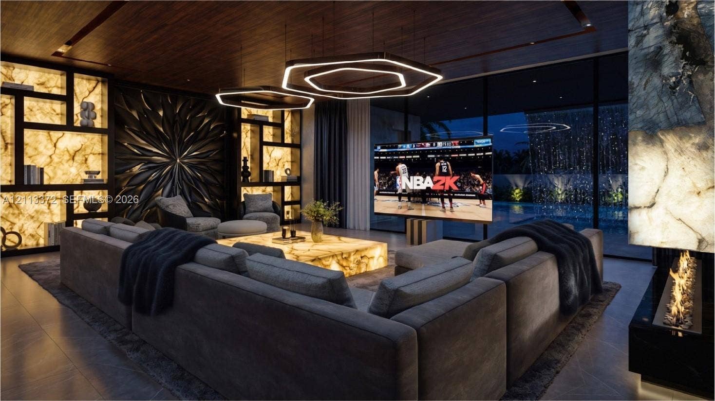 3312 NE 16th Court, Fort Lauderdale, FL 33305 Living space featuring backlit stone shelving, a custom geometric wood-paneled ceiling, hexagonal pendant lighting, floor-to-ceiling glass wall panels, and a linear fireplace
