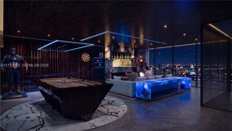 3312 NE 16th Court, Fort Lauderdale, FL 33305 Floor-to-ceiling glass windows, recessed ceiling lighting, dark wood-finish wall paneling, stone-finish flooring, and integrated display shelving
