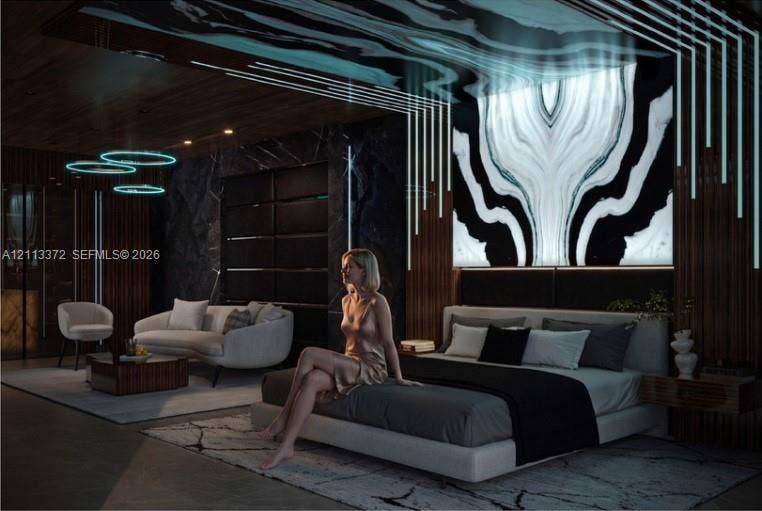 3312 NE 16th Court, Fort Lauderdale, FL 33305 Custom interior featuring a backlit, large-scale patterned stone accent wall, wood-slat wall paneling, integrated linear ceiling lighting, and dark stone wall cladding