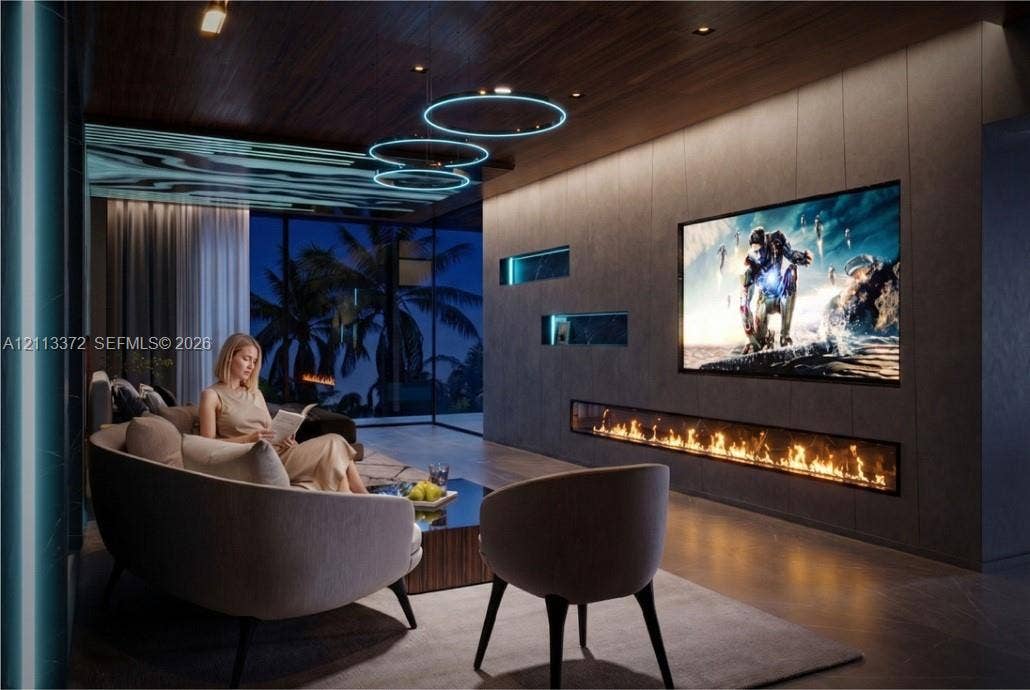 3312 NE 16th Court, Fort Lauderdale, FL 33305 Modern living area featuring a linear built-in fireplace, paneled wall detailing, wood-finish ceiling, ring pendant lighting, and floor-to-ceiling glass paneling