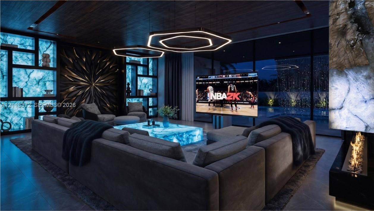 3312 NE 16th Court, Fort Lauderdale, FL 33305 Custom wood-paneled ceiling, illuminated stone accent wall, geometric LED pendant lighting, floor-to-ceiling glass wall, and linear ribbon fireplace