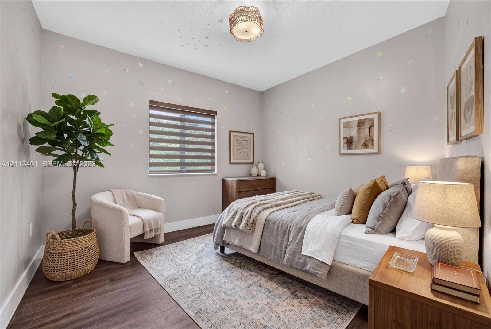 15891 SW 139th Street, Miami, Miami, FL 33196 Wood-finish flooring, neutral wall tones, multi-band window shade, and flush-mount rattan light fixture