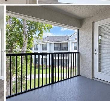 10360 SW 150th Court, #12207, Miami, Miami, FL 33196 Covered balcony featuring a textured stucco ceiling, durable grey flooring, and a black metal railing