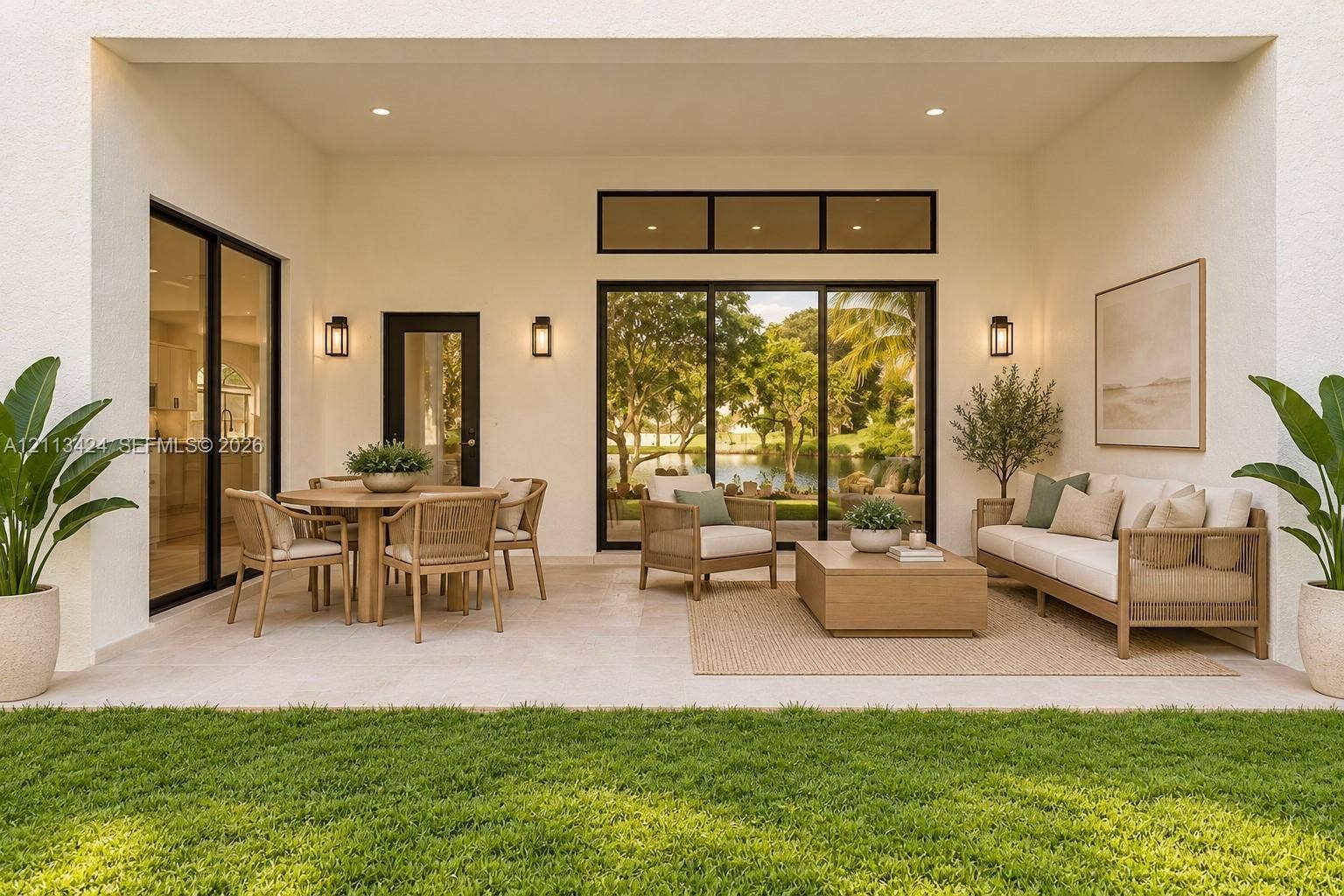 2465 SW 132nd Terrace, Miramar, FL 33027 virtually staged Covered patio featuring stone-finish flooring, multi-panel sliding glass doors, transom windows, and wall-mounted exterior lighting