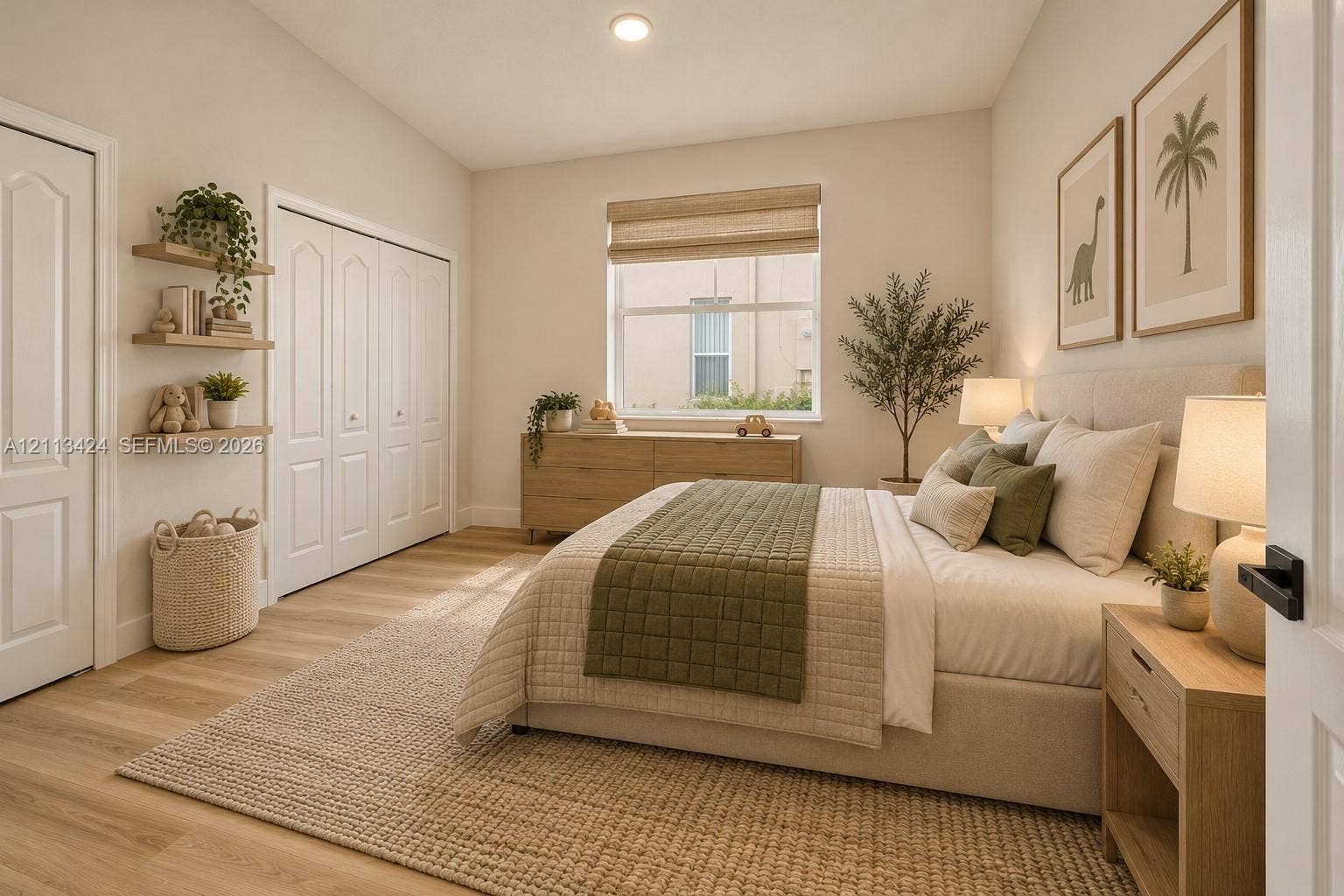 2465 SW 132nd Terrace, Miramar, FL 33027 virtually staged - Light-filled room featuring neutral wall tones, wood-finish flooring, recessed lighting, double-door closet with traditional paneling, and floating wall shelves