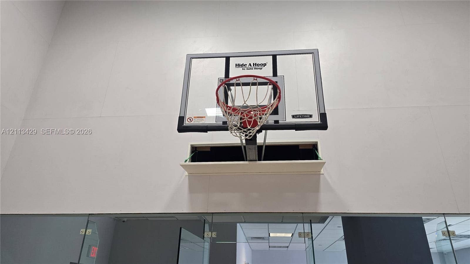 6365 Collins Avenue, #909, Miami Beach, FL 33141 Retractable wall-mounted basketball hoop with a clear polycarbonate backboard and orange steel rim