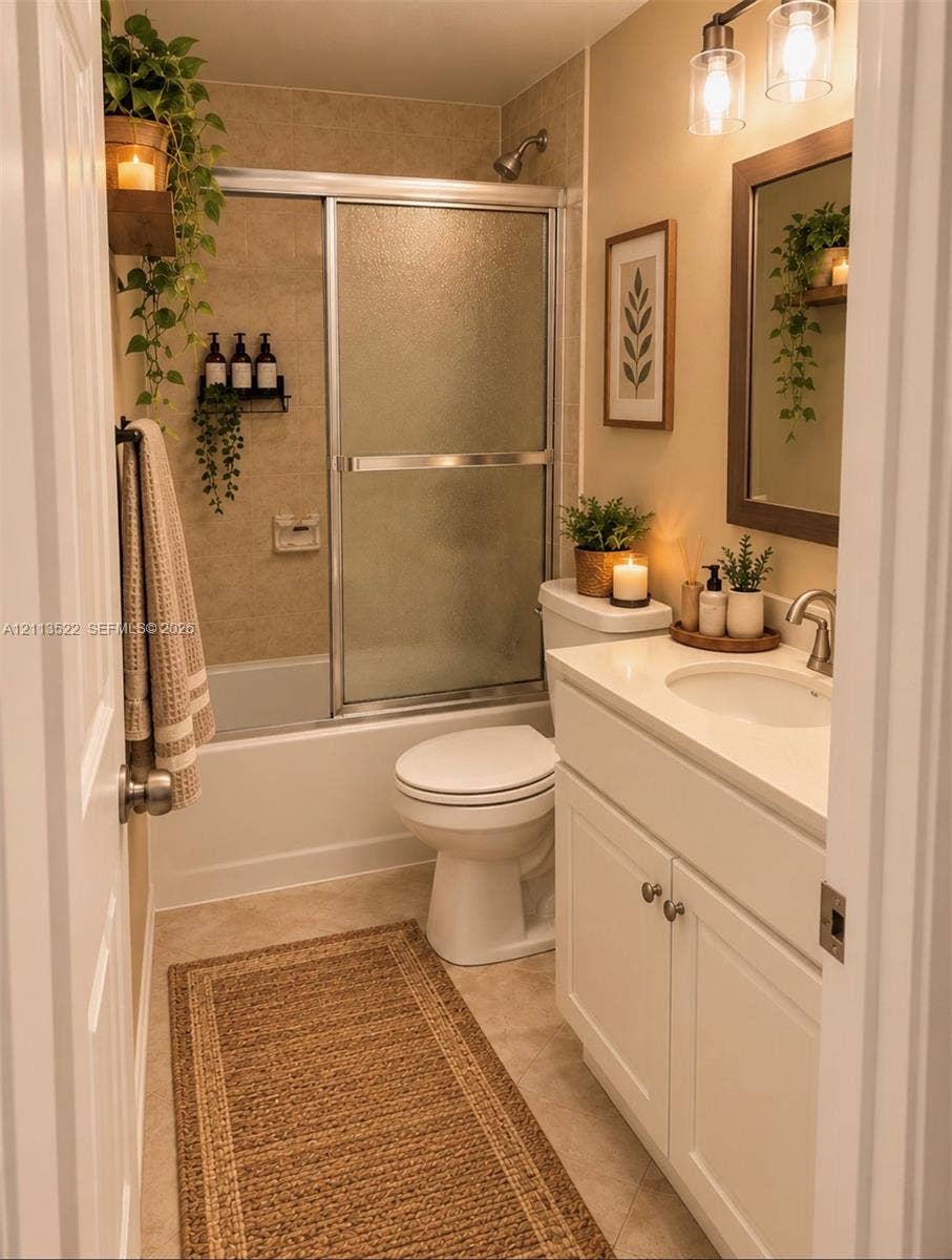 405 S Pine Island Road, #105D, Plantation, Plantation, FL 33324 White vanity cabinet featuring a solid surface countertop with an integrated oval sink, chrome finish faucet, framed wall-mounted mirror, brushed-finish double-light fixture, and a sliding glass door shower enclosure