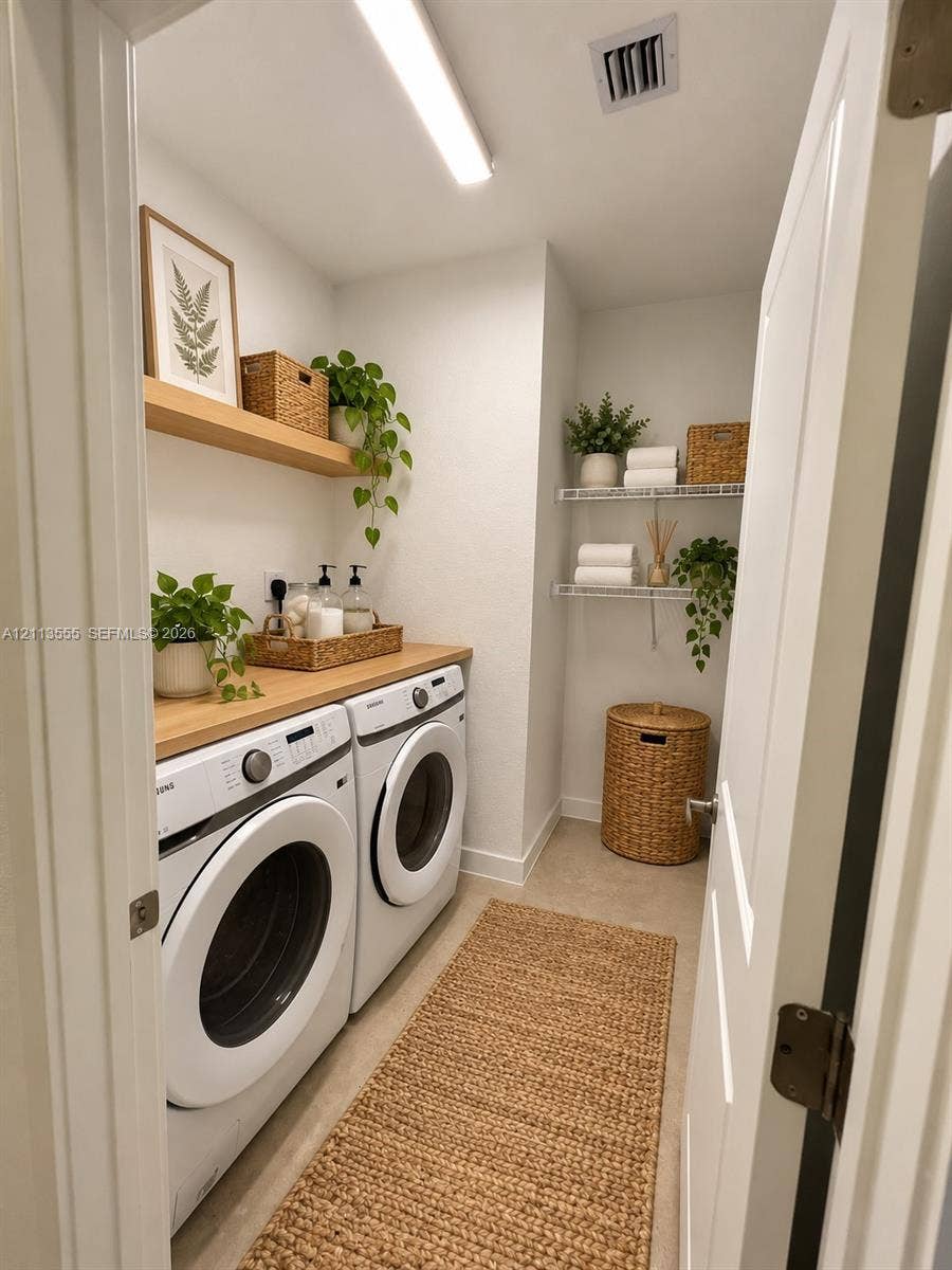 104 NW 31st Avenue, Fort Lauderdale, Fort Lauderdale, FL 33311 Laundry room featuring wood-finish countertop, wall-mounted wood shelving, white wire shelving, and neutral-tone tile flooring