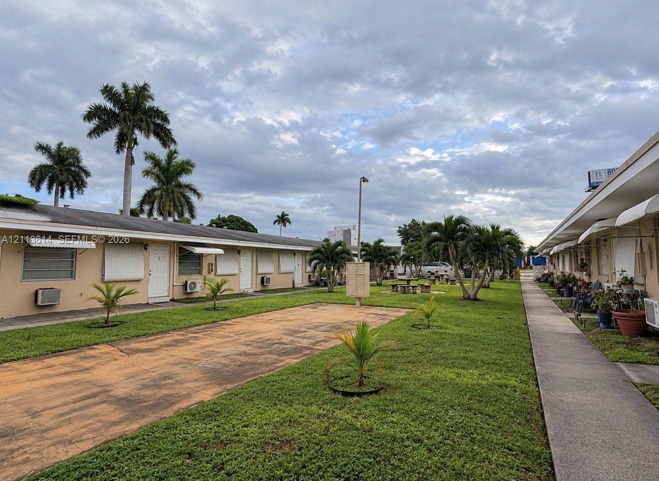 2901 Polk Street, #16, Hollywood, Hollywood, FL 33020 Expansive landscaped grounds featuring mature palm trees, a concrete walkway, and centralized open green space