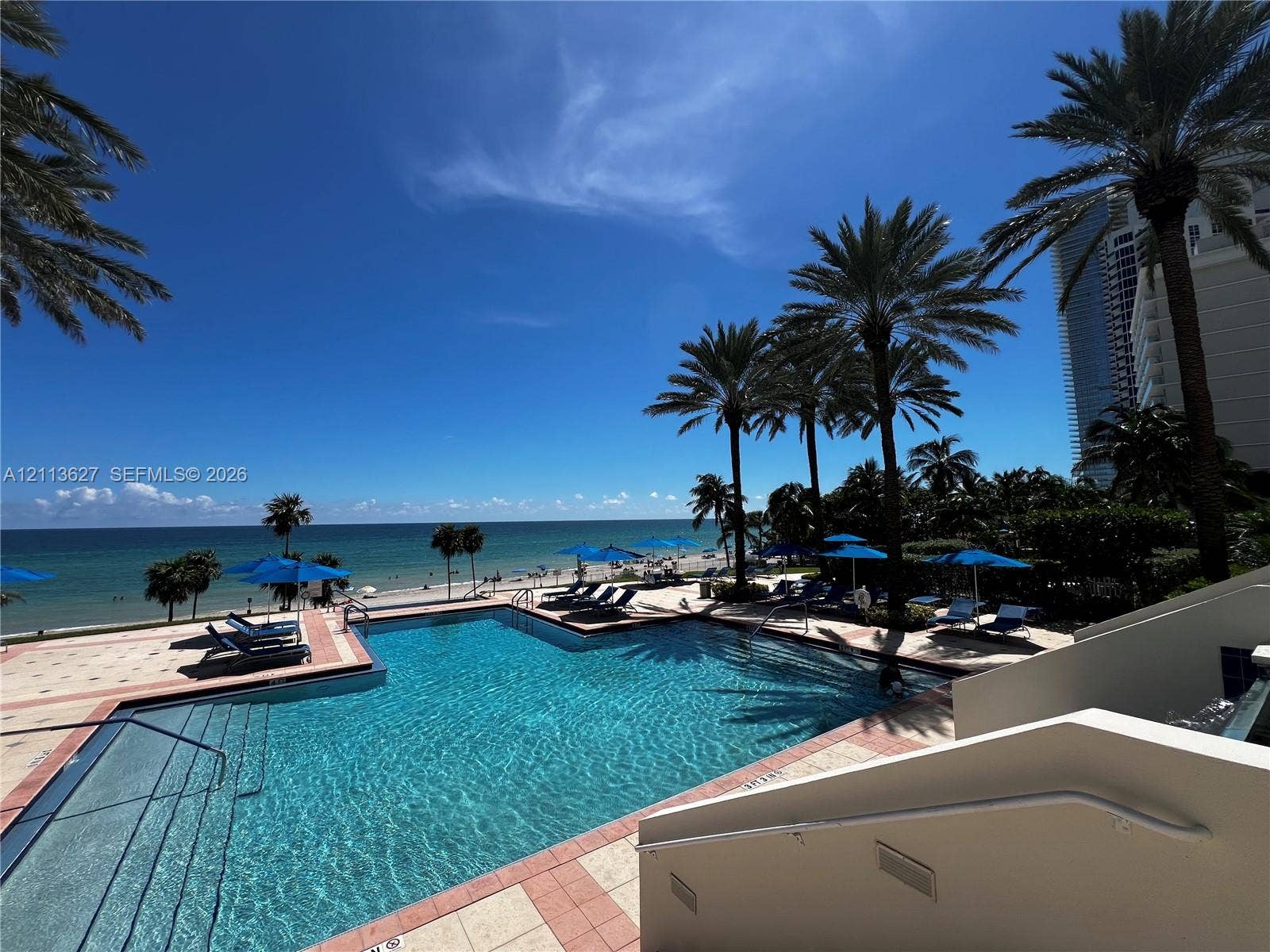 Swimming pool with stone-tile decking, metal handrails, and surrounding mature palm trees