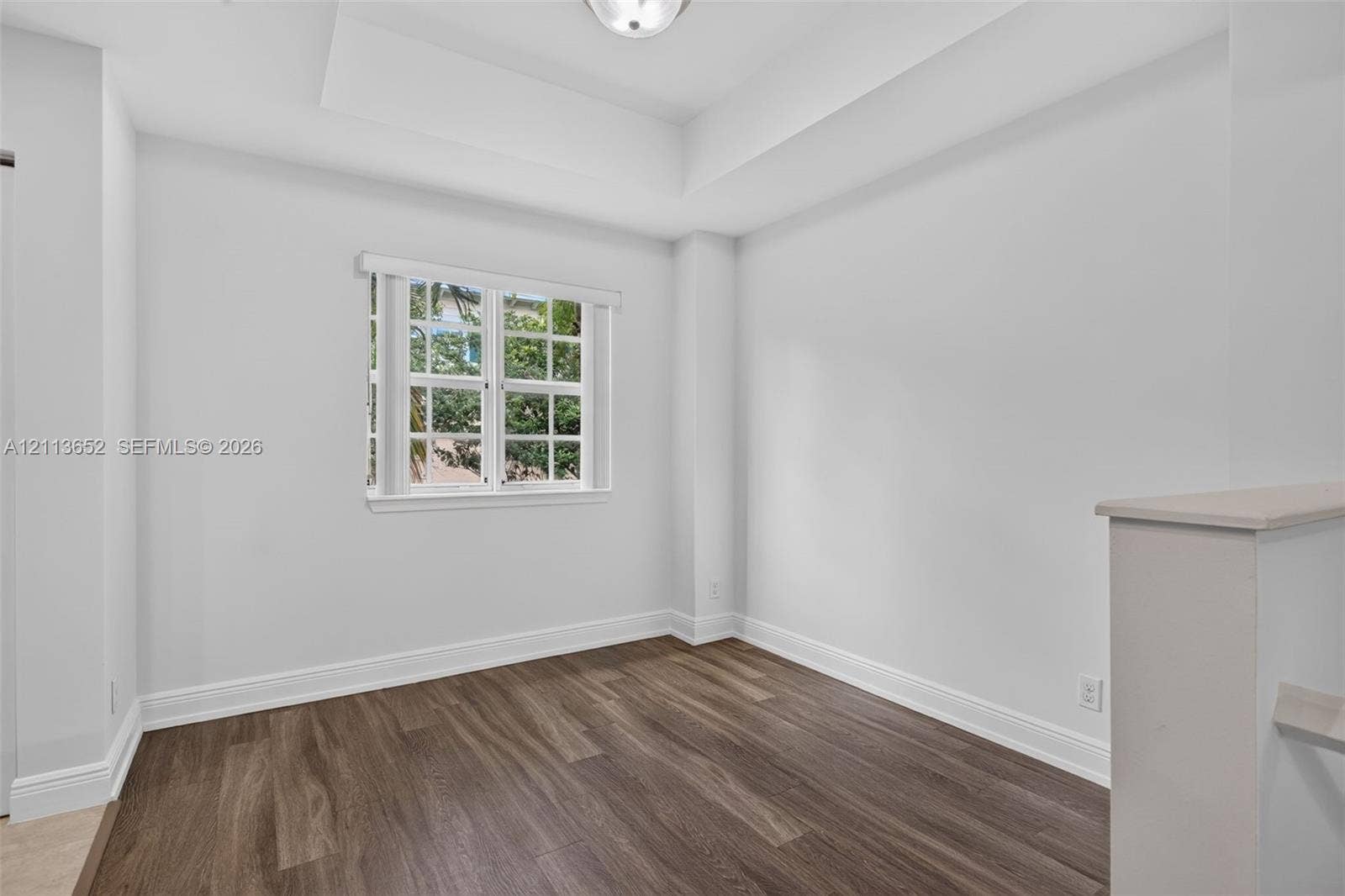 618 SW 1st Lane, Pompano Beach, FL 33060 Interior space featuring wood-finish flooring, a tray ceiling, a multi-pane window with a white frame, and a flush-mount light fixture