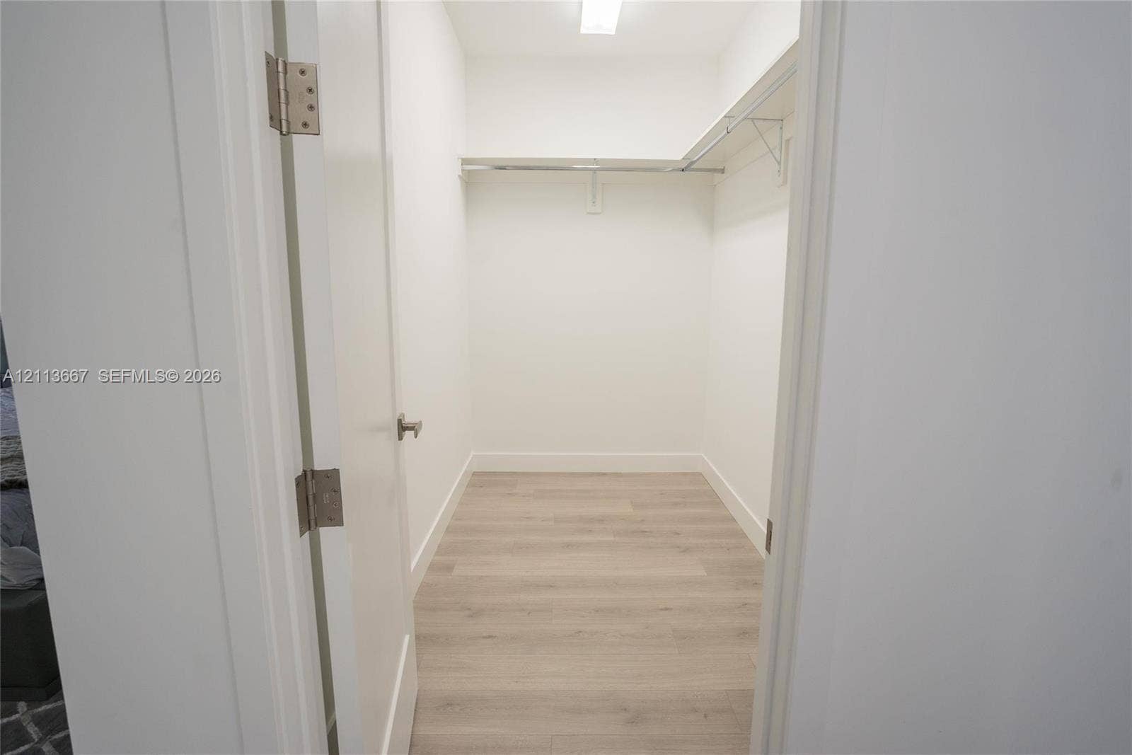 Walk-in closet featuring wood-finish flooring, white walls, and built-in shelving with an integrated clothes rod
