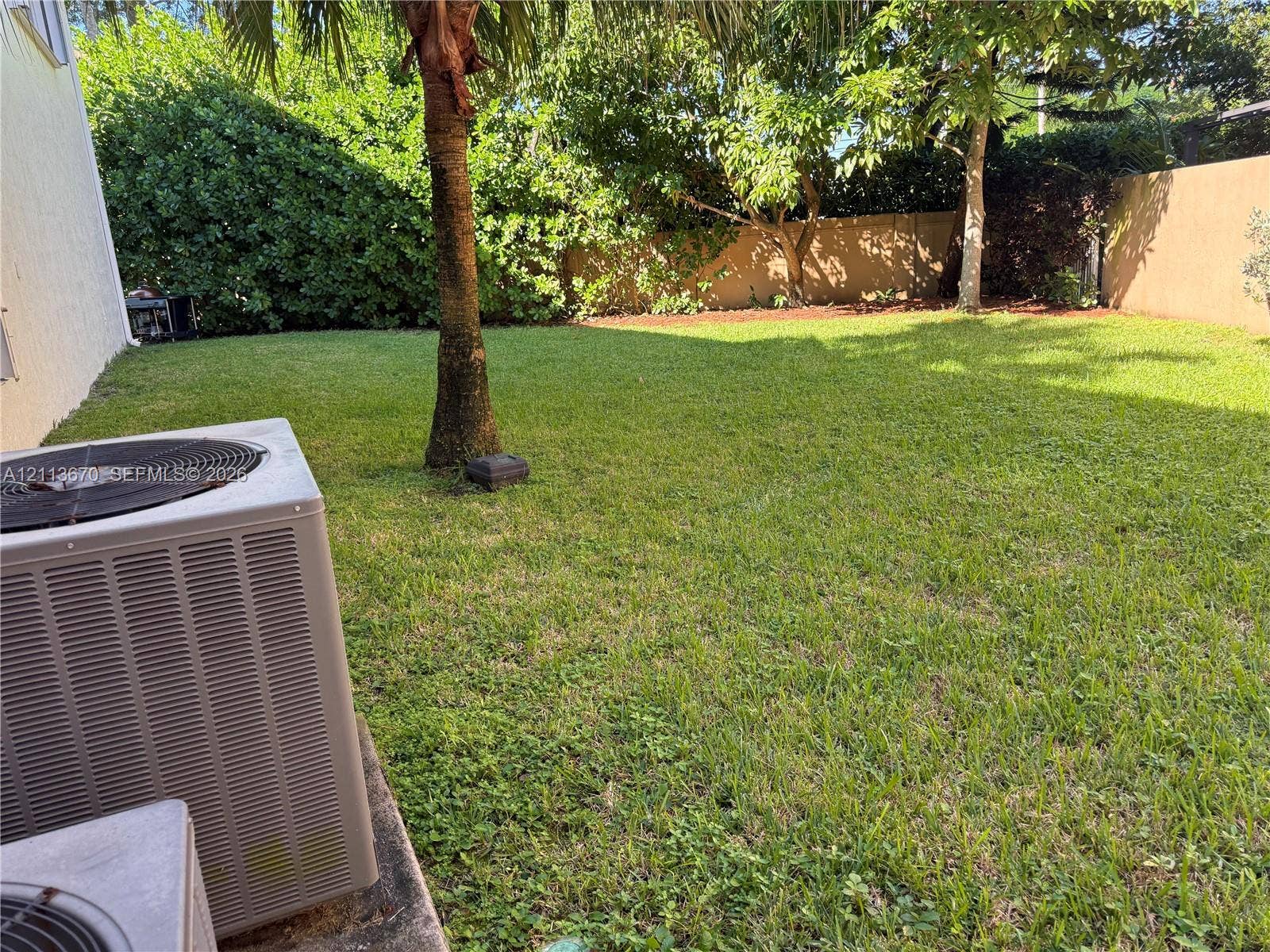 Backyard featuring a grass lawn, mature trees, and perimeter privacy wall