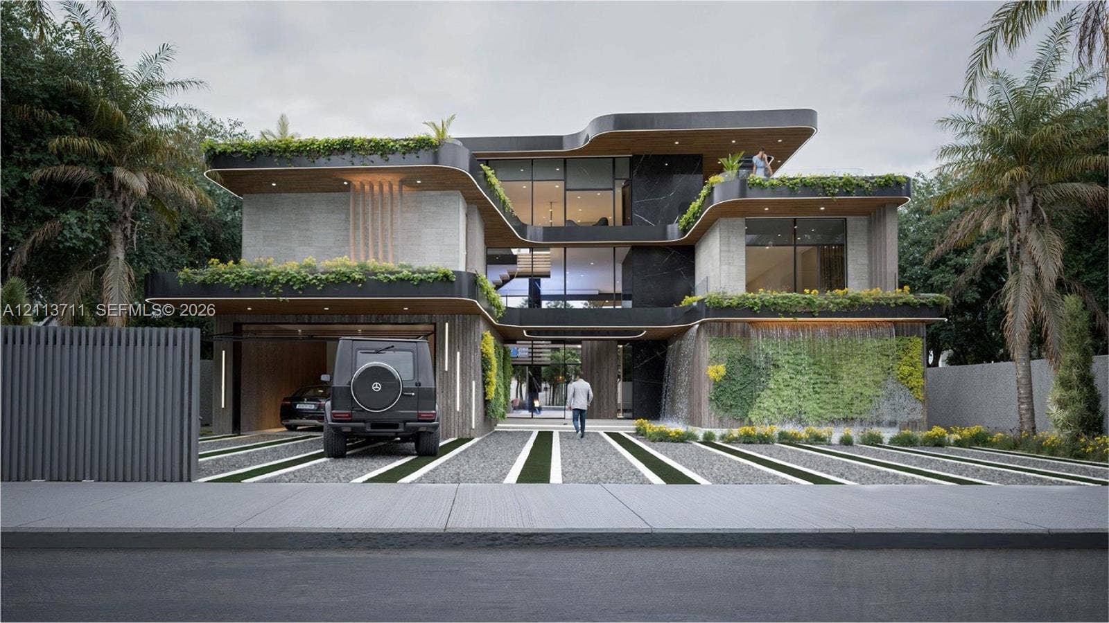 3322 NE 16th Court, Fort Lauderdale, FL 33305 Contemporary multi-level exterior featuring stone cladding, integrated vertical gardens, expansive floor-to-ceiling glass panels, a structured water feature, and a covered parking area with wood-finish ceilings