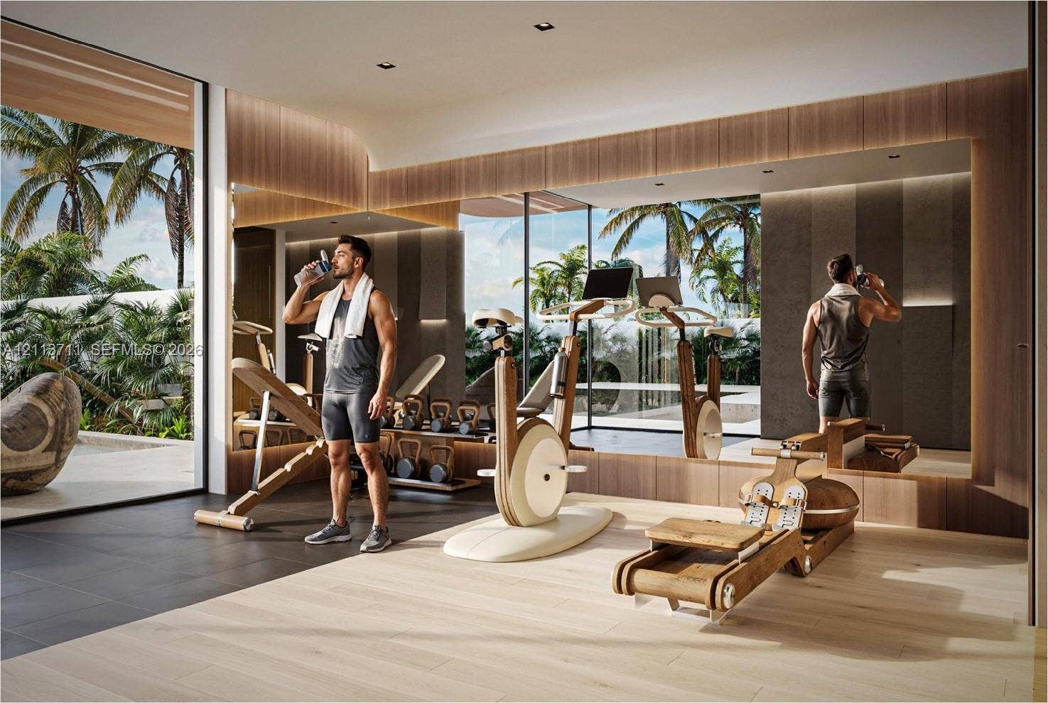 3322 NE 16th Court, Fort Lauderdale, FL 33305 Floor-to-ceiling glass wall, light-toned wood-finish flooring, extensive wall-to-wall mirrors, recessed lighting, and integrated wood paneling