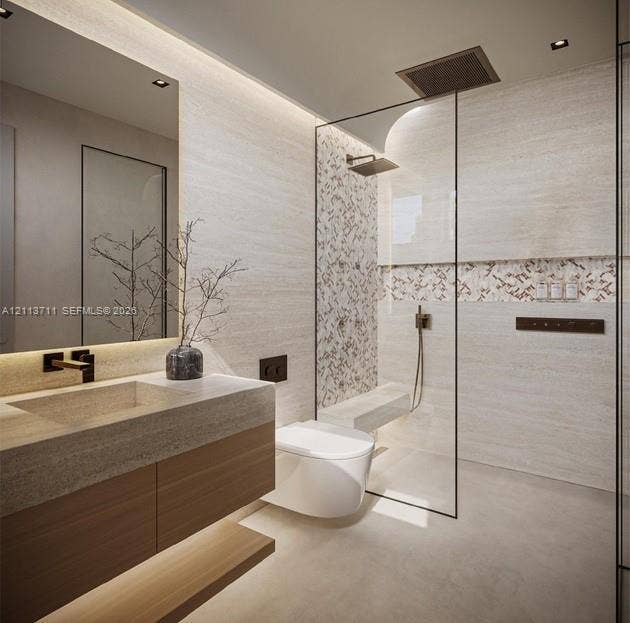 3322 NE 16th Court, Fort Lauderdale, FL 33305 Floating wood-finish vanity with stone-top sink, walk-in glass-enclosed shower featuring a built-in stone bench, integrated wall-mounted rain showerhead, and recessed LED accent lighting