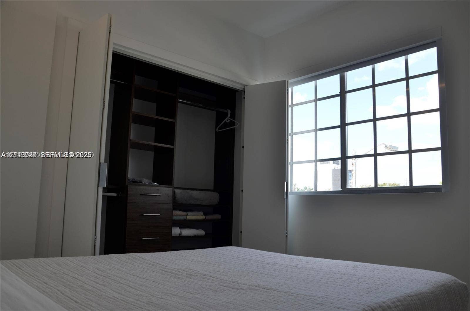 700 SE 16th Street, #201, Miami Beach, Miami Beach, FL 33139 Custom built-in closet system featuring dark wood-finish cabinetry, integrated shelving, and multi-drawer storage, paired with a multi-pane grid window