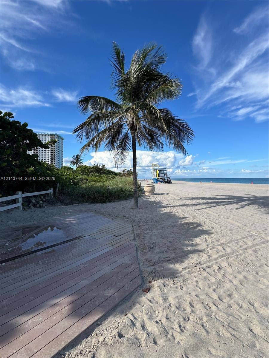 1501 Arthur Street, #1, Hollywood, FL 33020 Sandy beachfront property featuring a timber boardwalk, mature palm trees, and native dune vegetation