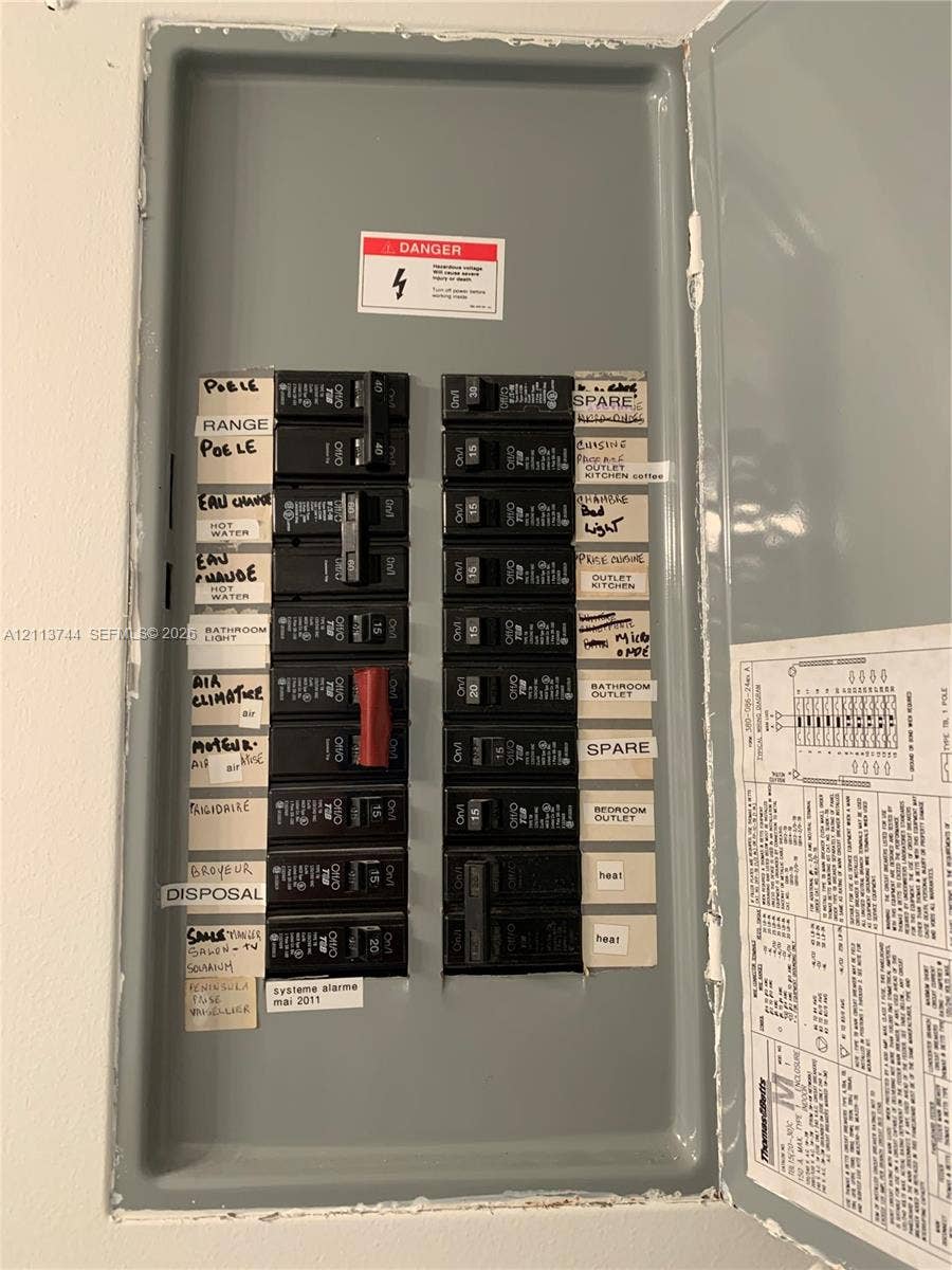 1501 Arthur Street, #1, Hollywood, FL 33020 Electrical service panel with a centralized circuit breaker configuration and detailed circuit labeling