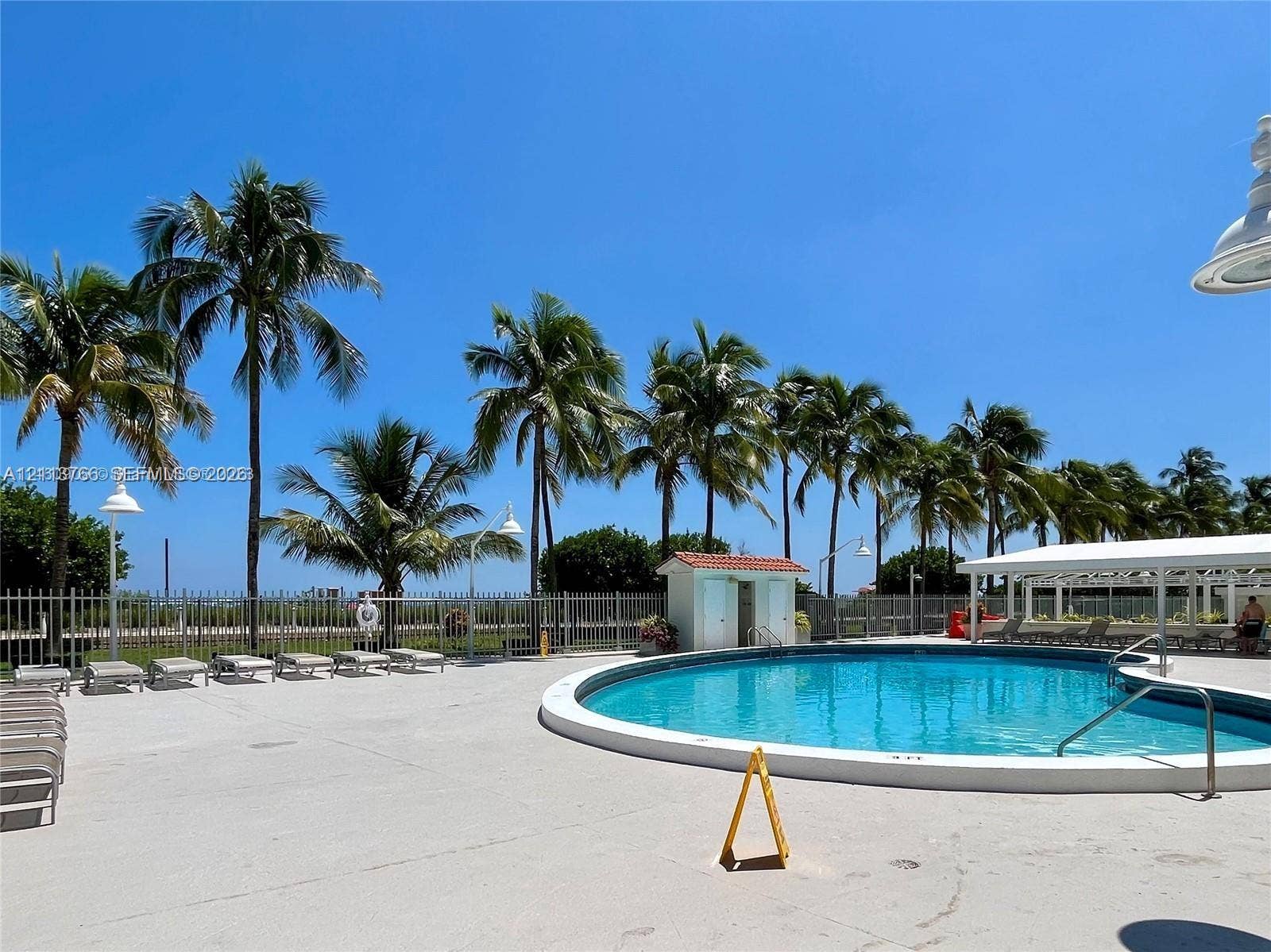 2899 Collins Avenue, #1429, Miami Beach, Miami Beach, FL 33140 Circular swimming pool featuring a concrete deck, perimeter metal fencing, palm trees, and a covered pavilion