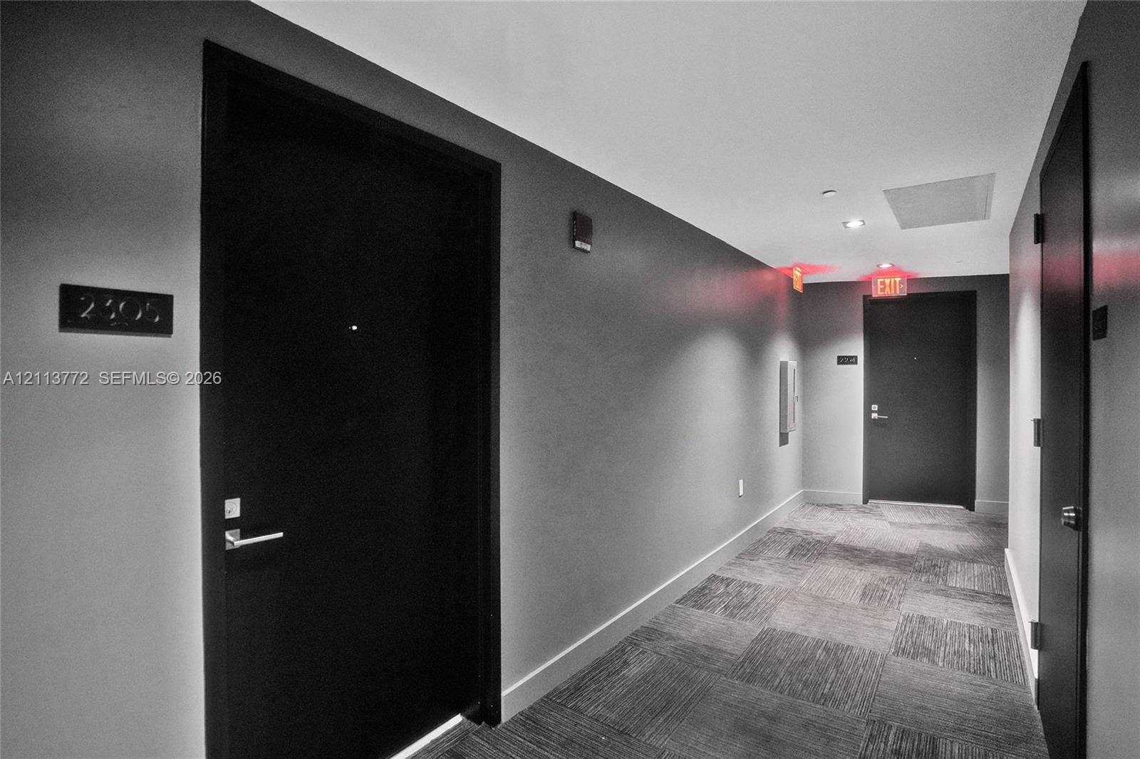 Hallway featuring dark solid-core doors, neutral wall finish, and patterned commercial-grade carpeting
