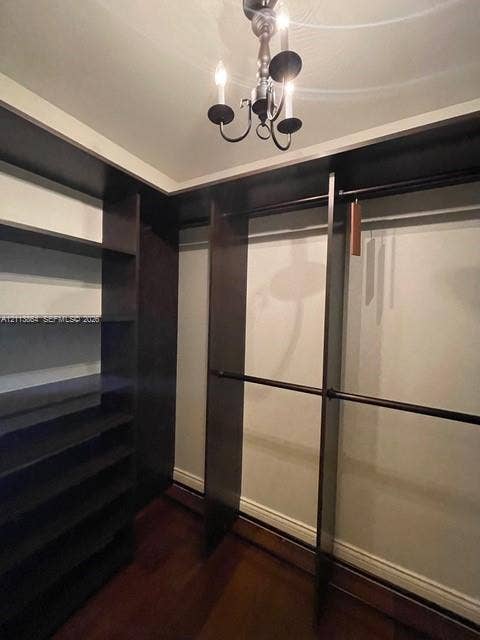 721 Tibidabo Avenue, #0, Coral Gables, Coral Gables, FL 33143 Custom storage system featuring dark wood-finish shelving and hanging rods, wood-finish flooring, and a traditional multi-arm chandelier