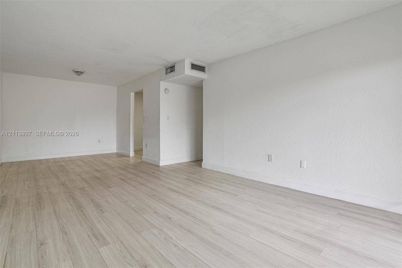 4900 NW 79th Avenue, #202, Doral, Doral, FL 33166 Open-concept interior featuring light-toned wood-finish flooring, smooth-textured walls, and a flush-mount ceiling light fixture