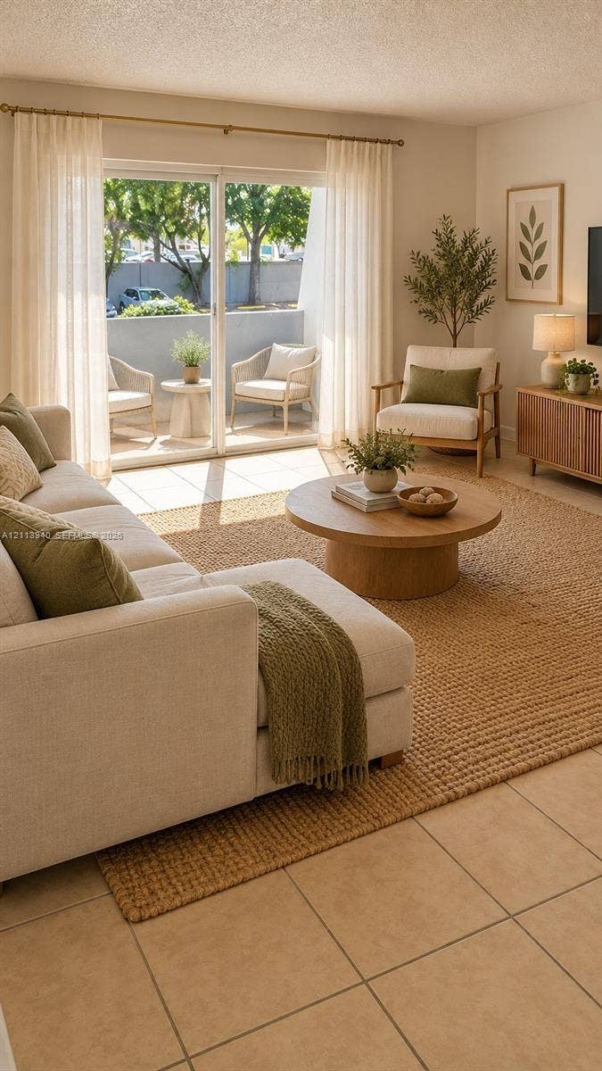 11150 SW 196th Street, #D211, Cutler Bay, Cutler Bay, FL 33157 Living area featuring large-format ceramic tile flooring and sliding glass doors leading to a private balcony