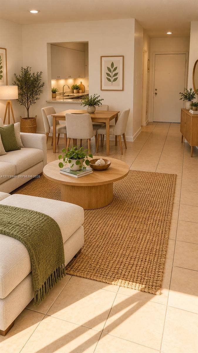 11150 SW 196th Street, #D211, Cutler Bay, Cutler Bay, FL 33157 Open floor plan featuring neutral tile flooring, recessed lighting, and a pass-through serving window
