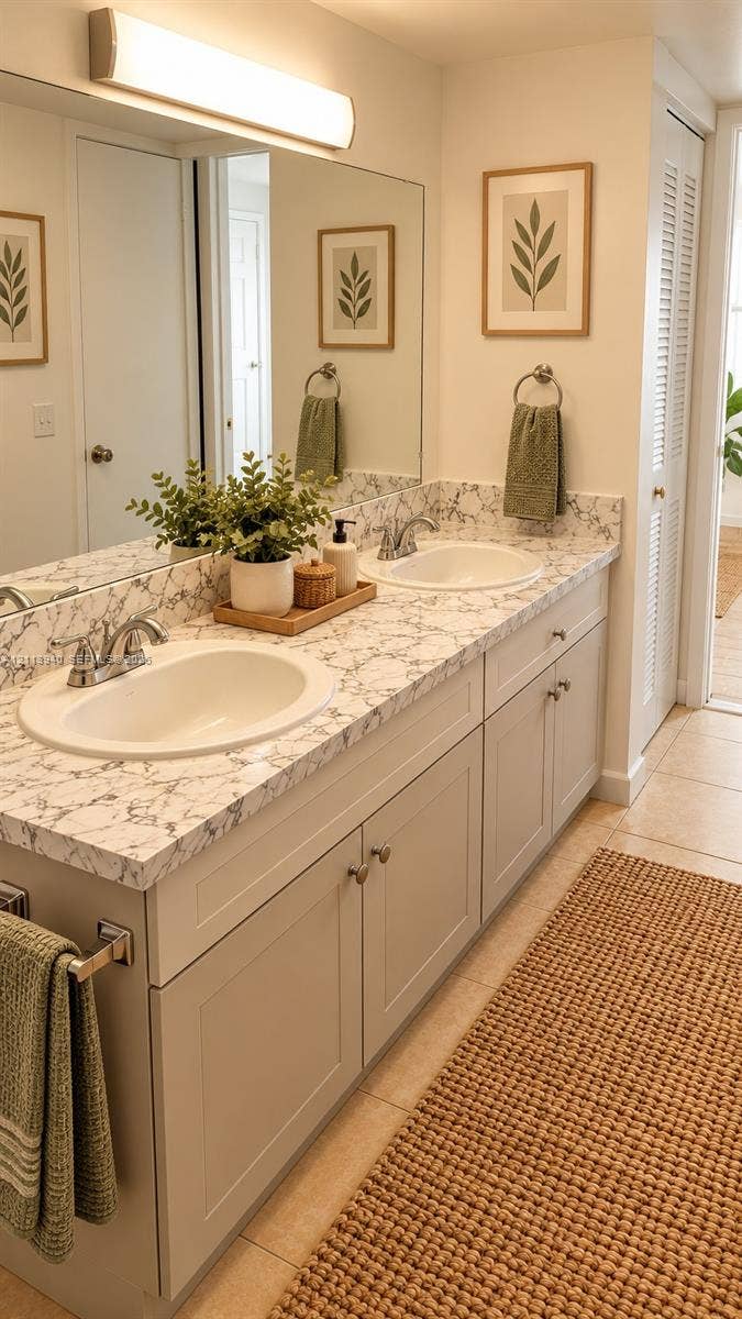11150 SW 196th Street, #D211, Cutler Bay, Cutler Bay, FL 33157 Dual-sink vanity with a patterned stone-surface countertop, integrated basin sinks, polished chrome fixtures, and a full-width vanity mirror