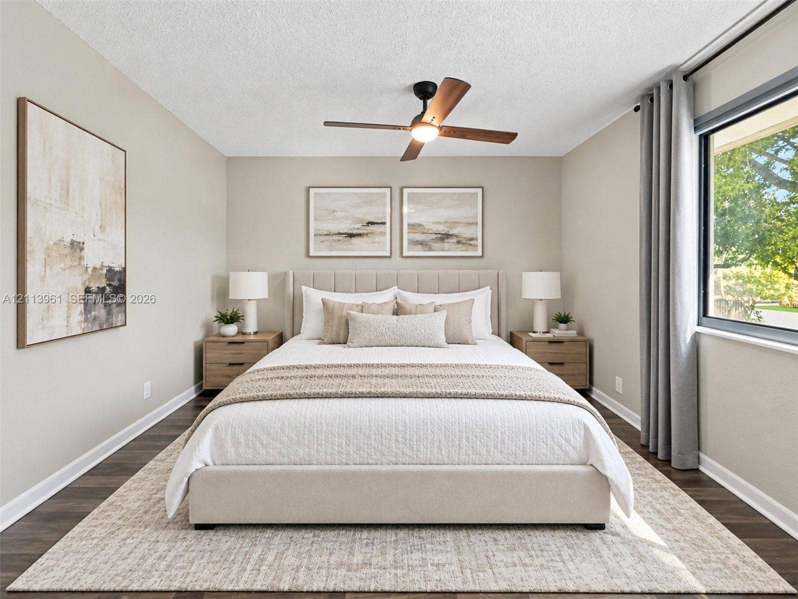 339 City View Drive, #339, Fort Lauderdale, Fort Lauderdale, FL 33311 Room featuring wood-finish flooring, a matte black ceiling fan with an integrated light fixture, and a large window