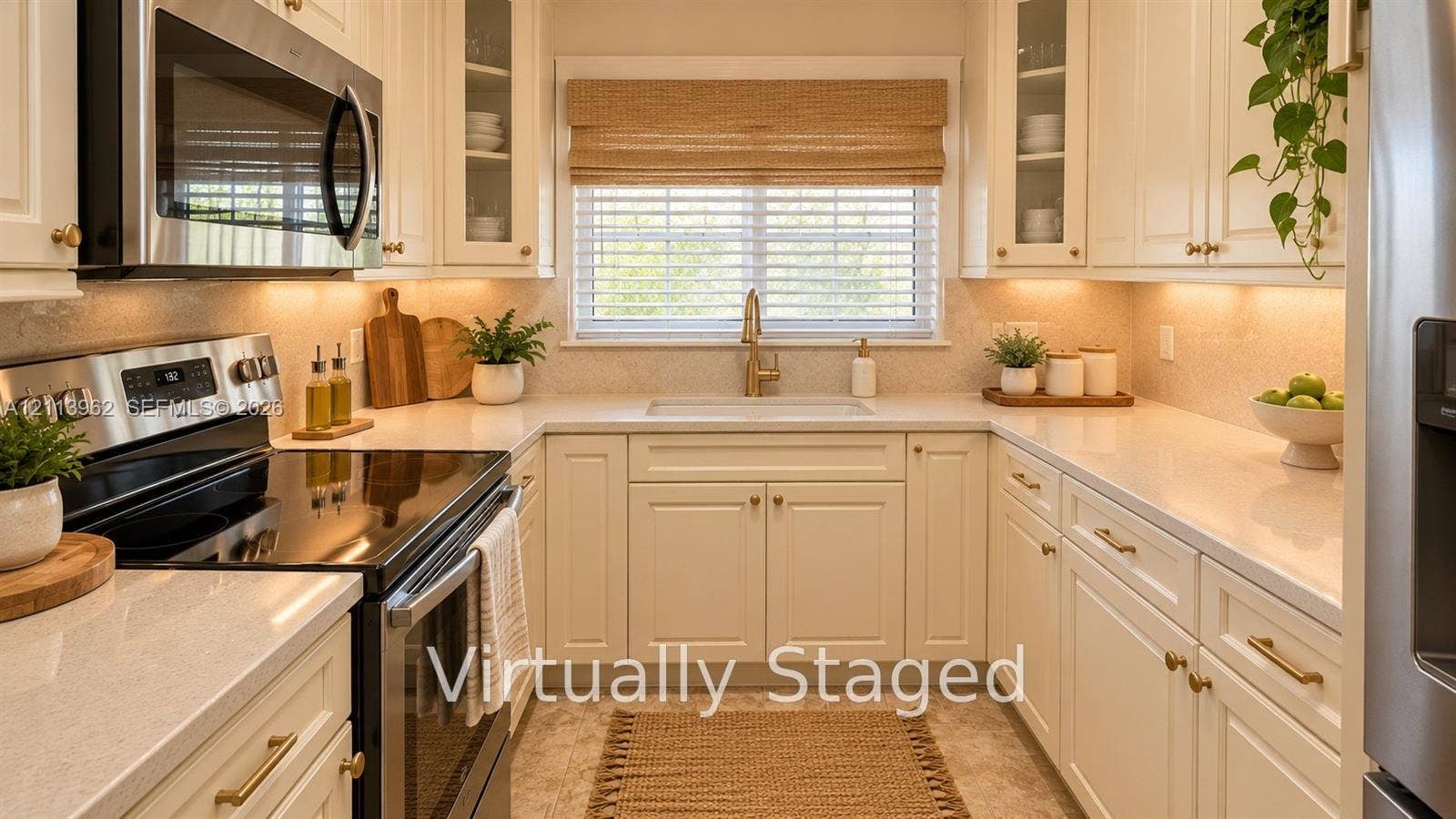 19764 NW 54 Avenue, Miami Gardens, FL 33055 Kitchen featuring white shaker-style cabinetry with glass-front uppers, solid surface countertops, stainless steel appliances, and under-cabinet lighting