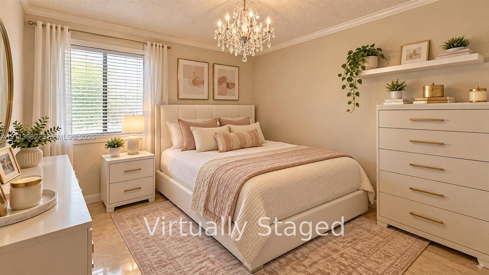 19764 NW 54 Avenue, Miami Gardens, FL 33055 Neutral-toned interior room featuring crown molding, a multi-tiered crystal chandelier, and large-format tile flooring