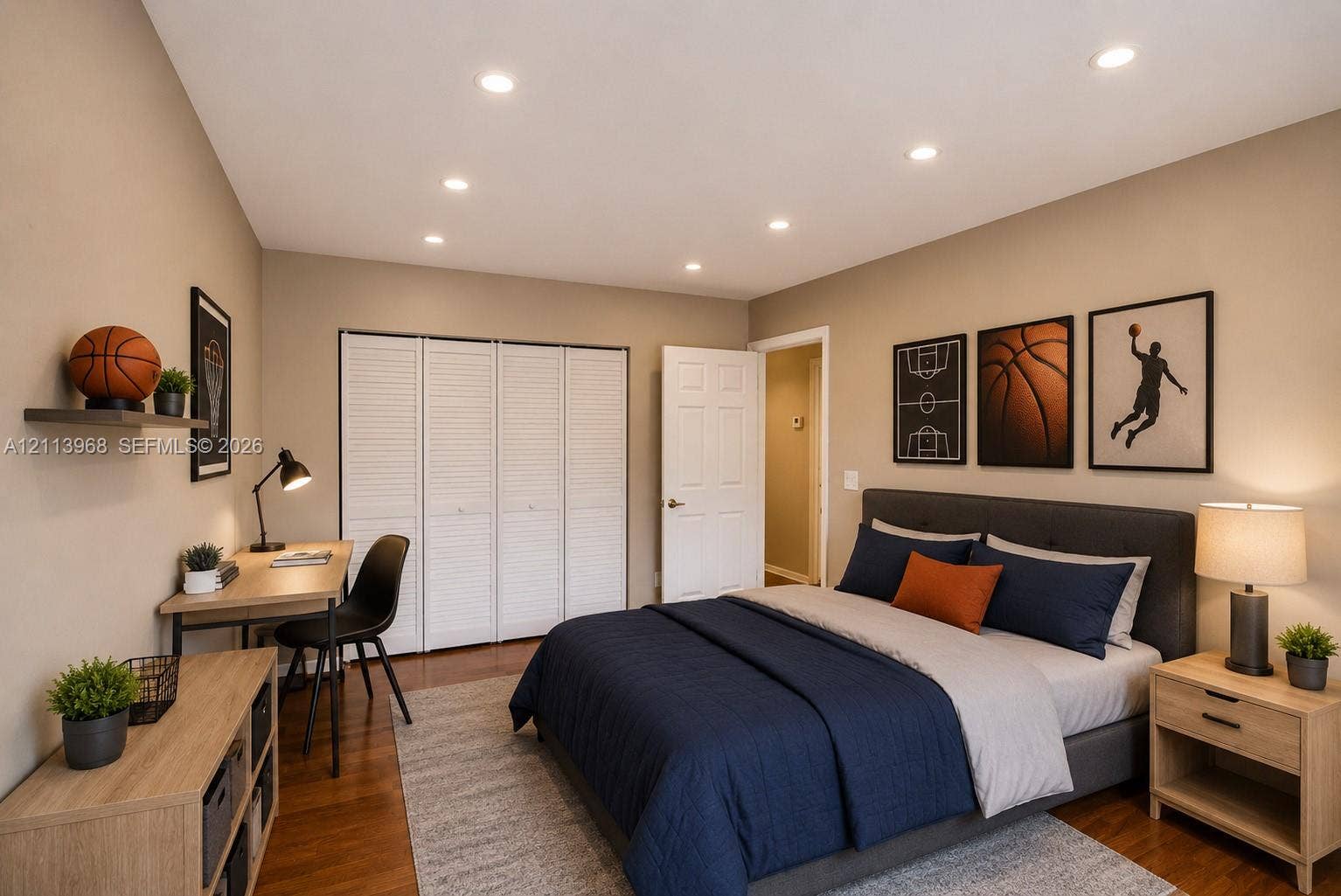 Neutral wall color, wood-finish flooring, recessed lighting, and four-panel louvered closet doors