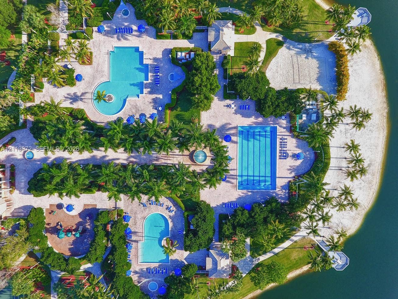Aerial perspective of a multi-pool amenity complex featuring a lap pool, a lagoon-style pool, a sandy beach area, and paved walkways surrounded by mature palm trees