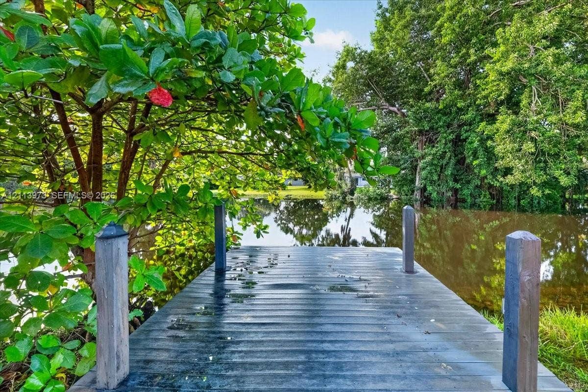 Private wooden dock extending over a natural water feature, accented by mature perimeter trees and foliage