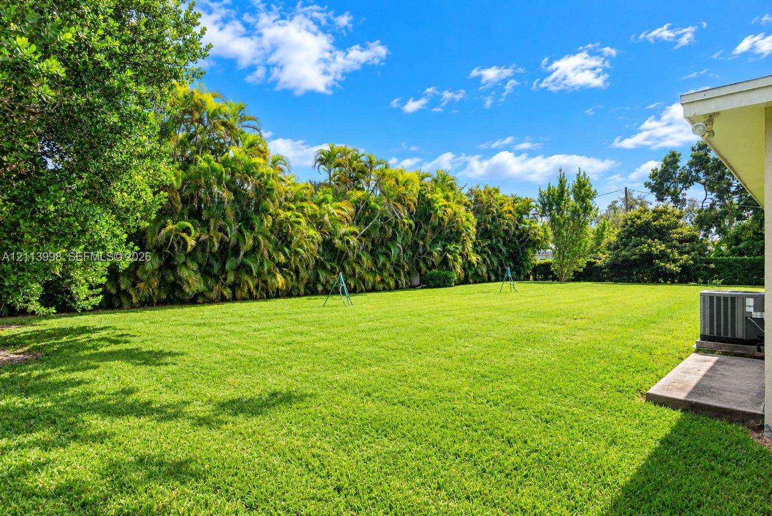 16455 SW 91st Avenue, Palmetto Bay, FL 33157 Expansive backyard featuring a manicured lawn, perimeter of mature trees, and dense foliage providing privacy