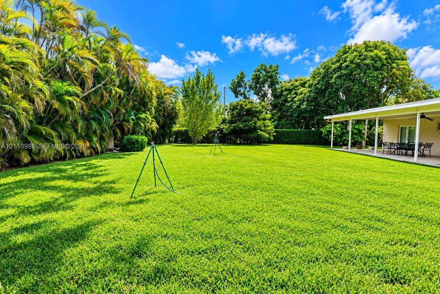 16455 SW 91st Avenue, Palmetto Bay, FL 33157 Expansive backyard featuring a manicured lawn, perimeter landscaping, mature trees, and a covered patio