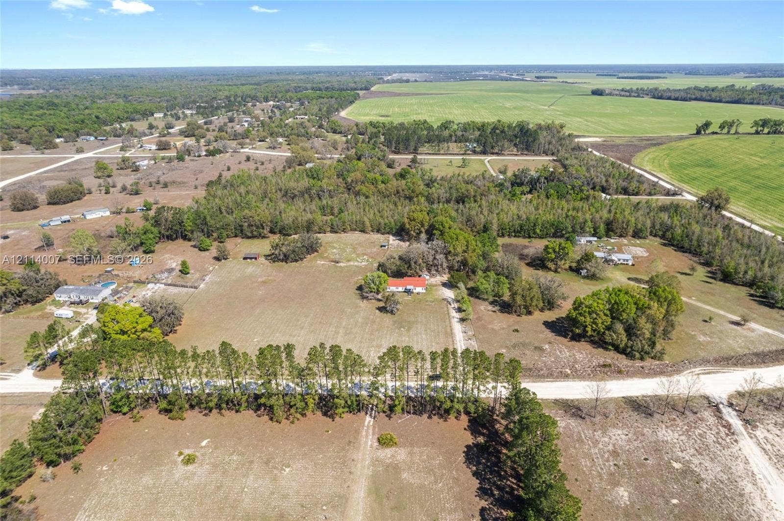 5600 SE 39th Street, Trenton, FL 32693 Aerial perspective featuring expansive acreage, mature pine tree clusters, cleared pasture land, and a single-story structure with a metal roof