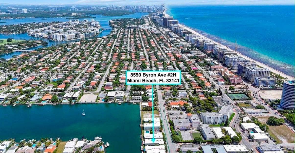 8550 Byron Avenue, #2H, Miami Beach, FL 33141 Aerial perspective of Miami Beach coastal neighborhood featuring proximity to the Atlantic Ocean, waterway access, and urban infrastructure