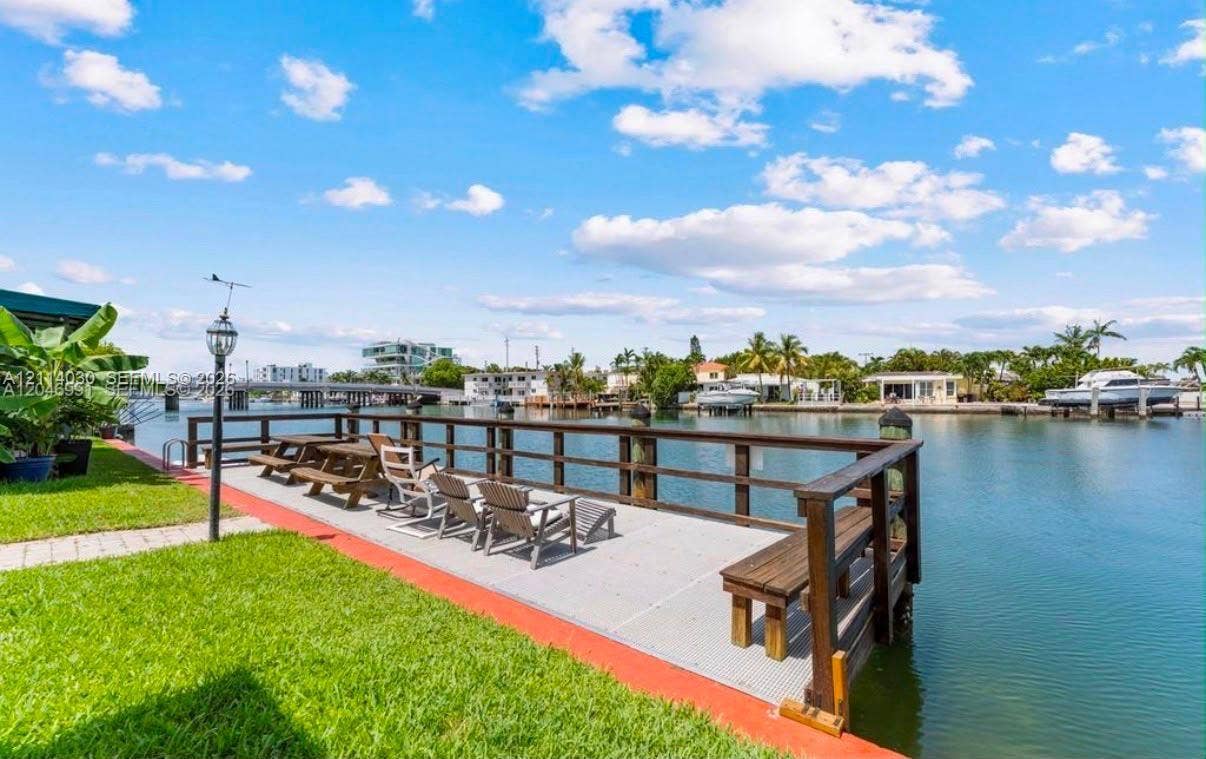 8550 Byron Avenue, #2H, Miami Beach, FL 33141 Waterfront dock featuring durable composite decking, timber railings, built-in benches, and direct canal access